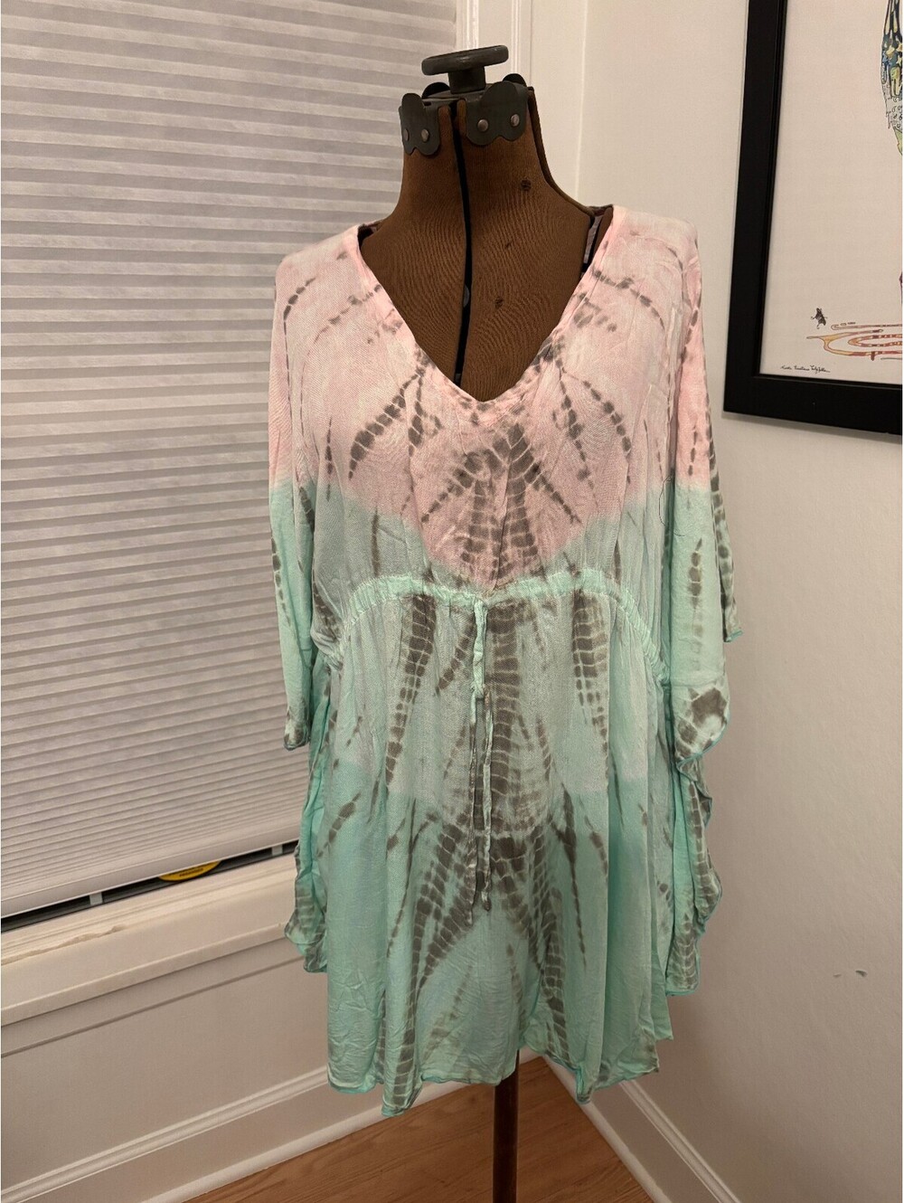 Na Pua Honolulu Pink Mint TieDye Boho Kaftan Tunic Top VNeck Resort Wear (2218)